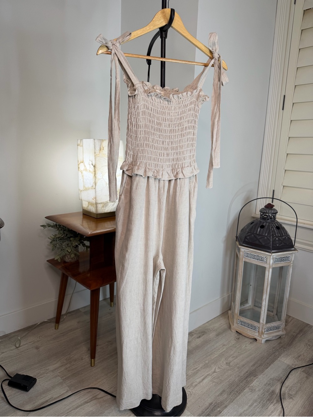 Whimsy + Row Neutral Beige Smocked Tie-Shoulder Jumpsuit Wide Leg Size Small